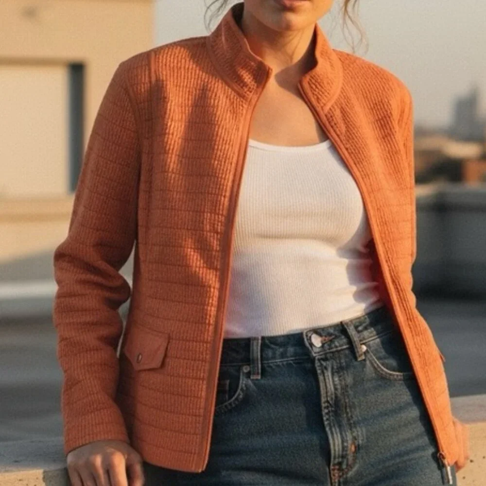 Retro Sporty Aeros Orange Textured Popcorn Knit Full Zip Jacket Size Small/Mediu